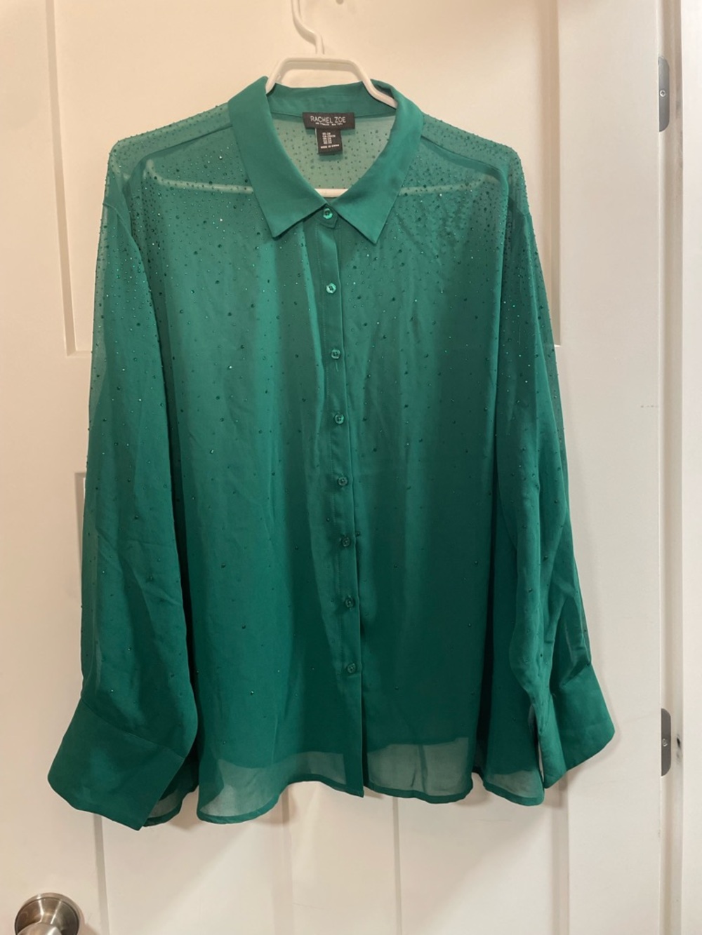 Rachel Zoe Emerald Sheer Rhinestone Button Down Shirt